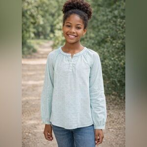 Jacadi Paris Girls Blouse Size 12Y Light Blue Polka Dot Long Sleeve Top